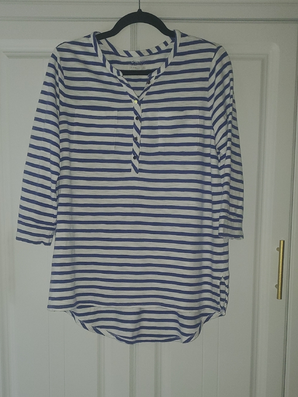 Chico's White and Blue Striped Henley Tunic